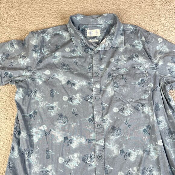 Hurley Shirt Men XL Blue Skull Floral Bird Palm Tree Button Pocket Surf Skate - Picture 4 of 14